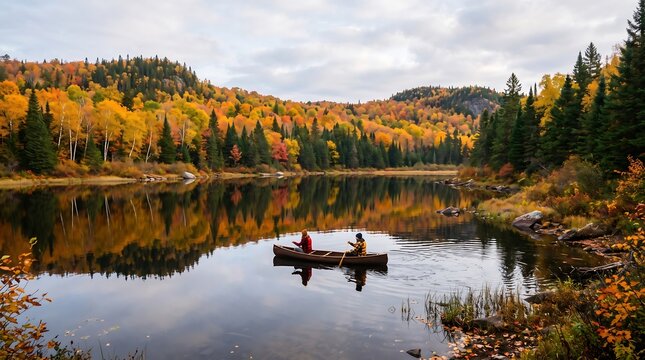 People paddling a canoe on a calm lake surrounded by vibrant autumn forest foliage.