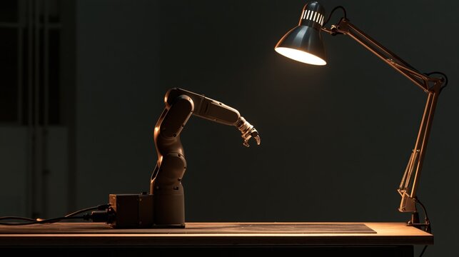 A small articulated bench robot arm paused mid-position with layered depth and atmospheric lighting, calm lifestyle and wellbeing concept