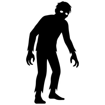 Zombie silhouette with tattered clothes and glowing eyes walks for halloween.