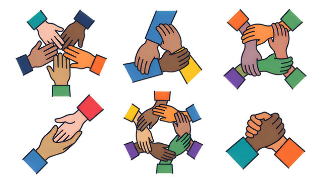 Set of diverse hand gesture icons showing unity teamwork partnership and charity vector illustration