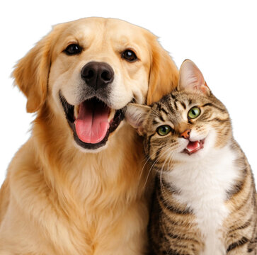 PNG Happy golden retriever and tabby cat posing together on white