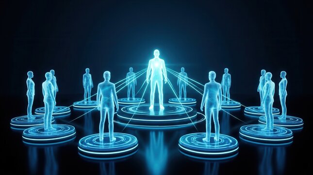 A corporate leadership network structure showing a glowing central figure connecting a team of holographic people.