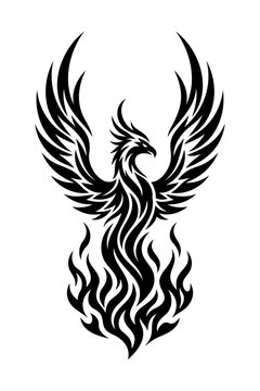 Majestic Phoenix Rising from Flames Black and White Vector Silhouette Illustration