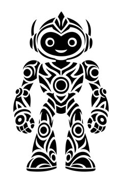 Futuristic Tribal Robot Character Black and White Vector Silhouette Illustration