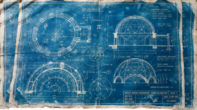 Old vintage architectural blueprint of a circular dome building structure with technical engineering details