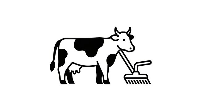 Black and white cow sweeping floor.