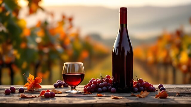 Autumn vineyard wine bottle glass grapes scenic outdoor setting