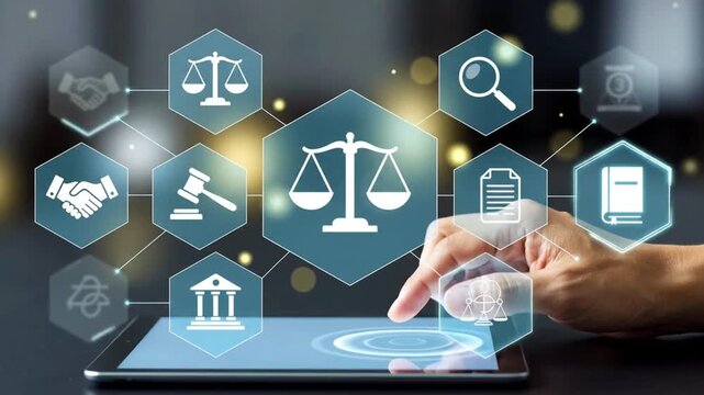 Realistic hand interacts with a digital tablet displaying legal technology icons in a professional setting.