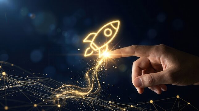 A human finger touches a glowing rocket icon to ignite innovation and future dreams.