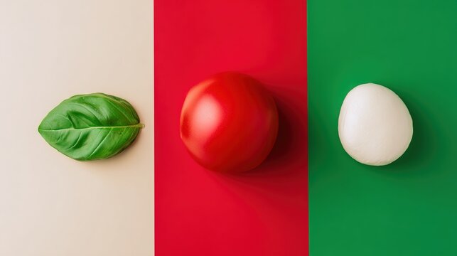 caprese. Three color blocks: red tomato, green basil, and white mozzarella cheese. menu design, packaging mockups, designed for culinary blogs and recipe cards for restaurants.