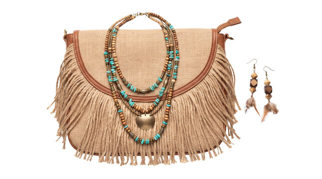Bohemian fringe handbag with turquoise necklace and earrings. Rustic jute crossbody bag, ethnic jewelry set, western style accessories.