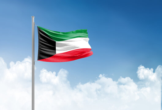 Kuwait flag waving in beautiful sky.