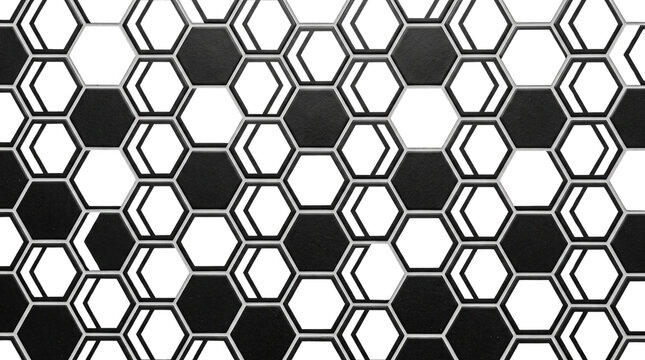 Geometric hexagon pattern wall, black and white honeycomb tile texture, modern abstract mosaic background for interior design