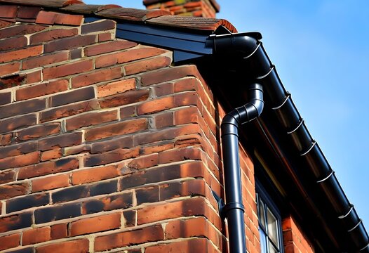 Close-up of rustic brick wall with black gutter and roof edge under clear sky
