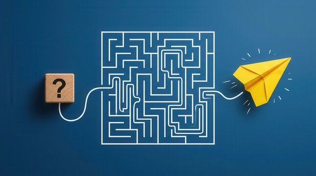 A white line navigates a complex maze from a question mark block to a flying yellow paper airplane.