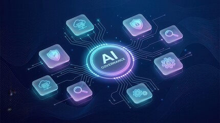 Naklejka premium AI governance framework visualizing ethical compliance and data security on a digital interface.