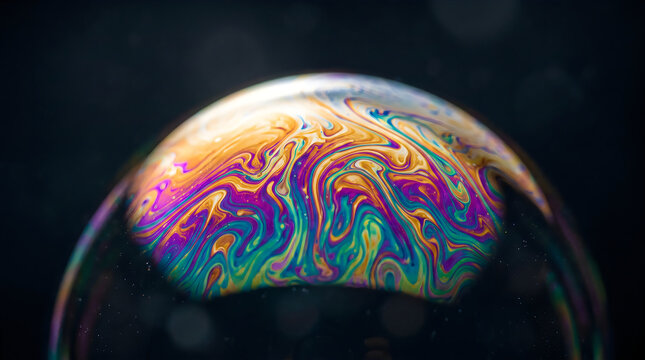 Macro view of a colorful soap bubble surface showing swirling iridescent patterns isolated on black background