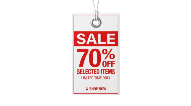 Red and white sale tag with seventy percent off discount label isolated on transparent background