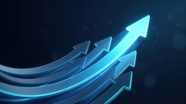 Blue upward arrows with one leading the way to symbolize business leadership and competitive advantage.
