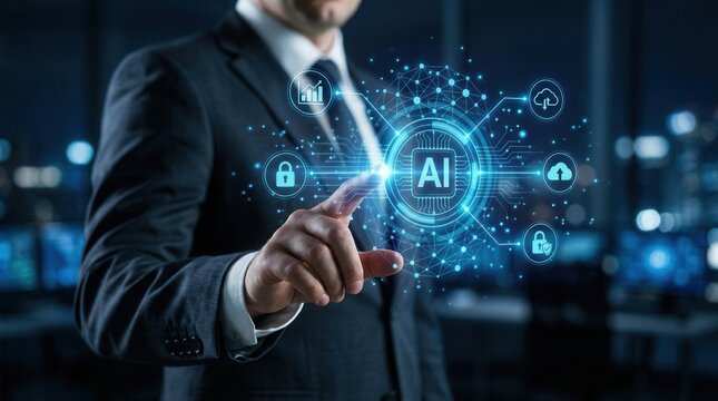 Businessman activating a centralized artificial intelligence network hub via a futuristic digital dashboard.