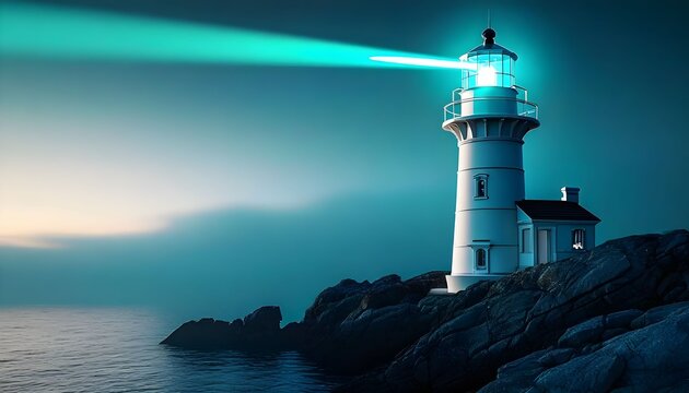 Mystical lighthouse beam illuminating tranquil coastal cliffs at dusk with serene ocean glow
