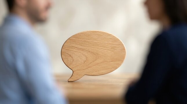 Close up of an empty wooden speech bubble between two blurred people for message and opinion.