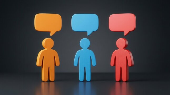 Colorful 3D wooden figures with blank speech bubbles represent a diverse team communication feedback concept.
