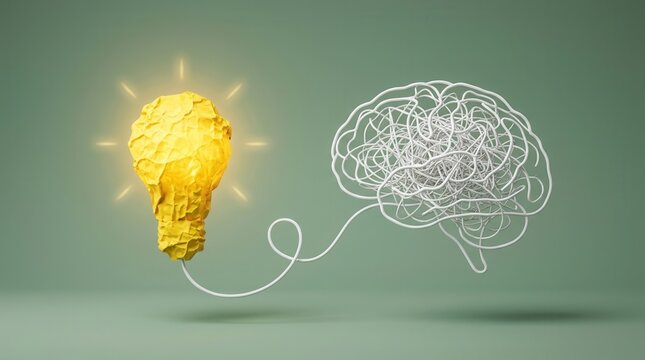 Creative brainstorming concept featuring a tangled wire brain and a bright crumpled paper lightbulb.