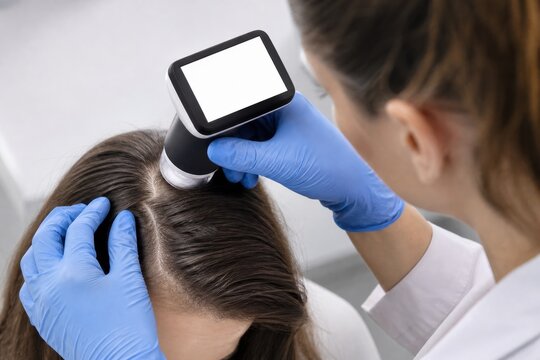 Trichologist examining patient's scalp with digital dermatoscope