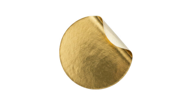 Round gold sticker with a peeling corner isolated on transparent background