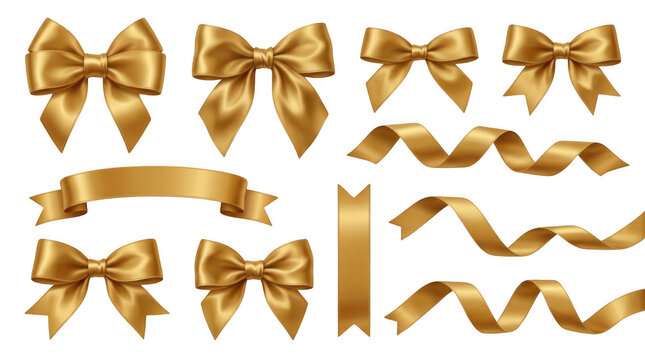 Set of golden silk bows and ribbons for gift decoration isolated on transparent background