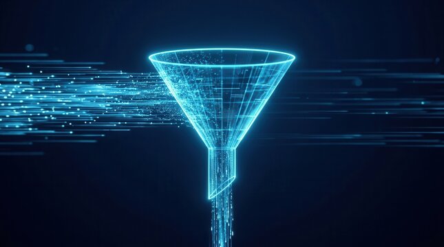 Digital information stream flowing into a glowing blue data funnel for cyber network filtering.