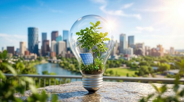 Eco-friendly urban innovation concept with a solar panel and green tree inside a lightbulb.