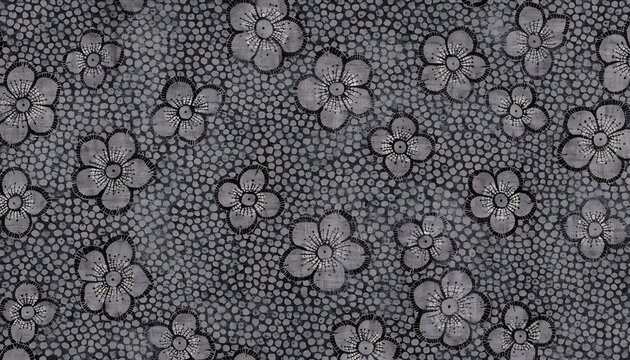 Seamless dark monochromatic floral textile pattern with vintage lace and dot texture background