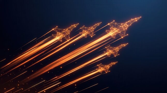 Futuristic aircraft formation blazing through a twilight sky in an abstract representation of speed.