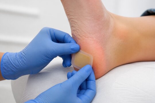 Nurse applying hydrocolloid blister dressing to heel