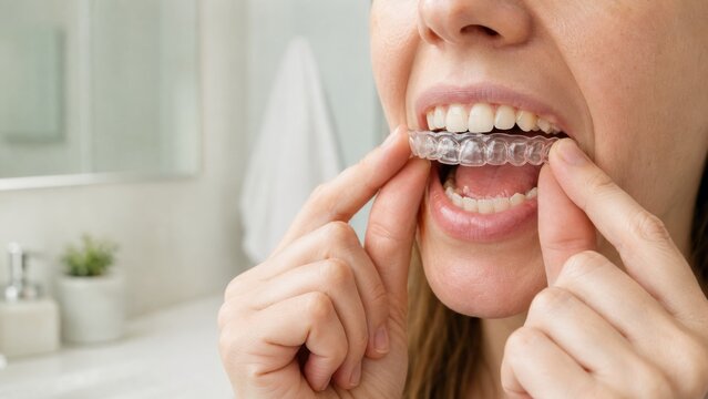 Woman putting on clear orthodontic aligner in bathroom