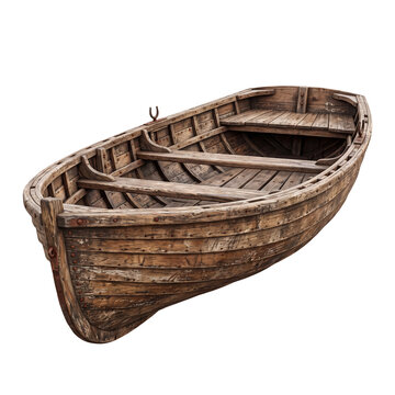Old vintage wooden rowing boat with rustic weathered timber texture isolated on a transparent background ideal for marine transportation and nautical project design