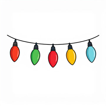 a string of christmas lights with a festive red stringer at the top, suspended against a plain background