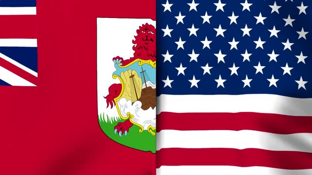 Combined waving flags of Bermuda and the United States of America as a symbol of international friendship and cooperation
