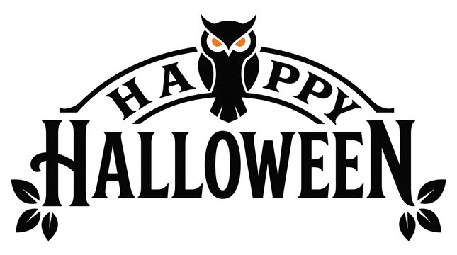 Vintage style black and white happy halloween typography design featuring a wise owl illustration graphic