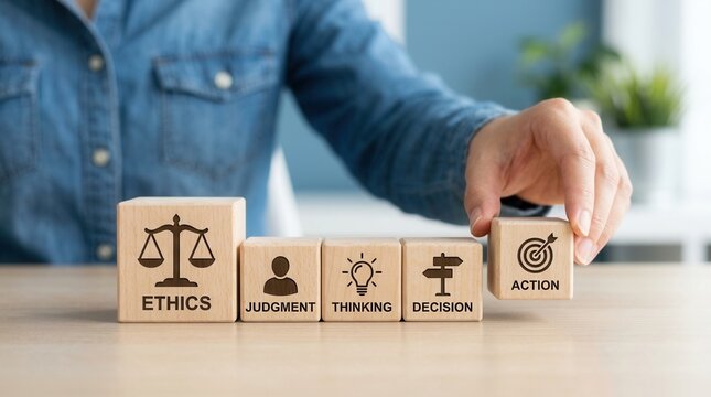 Hand placing the final wooden block in an ethical business decision making framework.