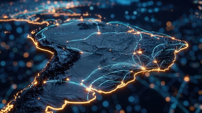 Illuminated cities and transportation routes form a global network across a dark continent.