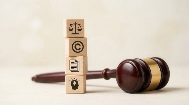 Legal foundation for intellectual property concept with copyright document and justice icons.
