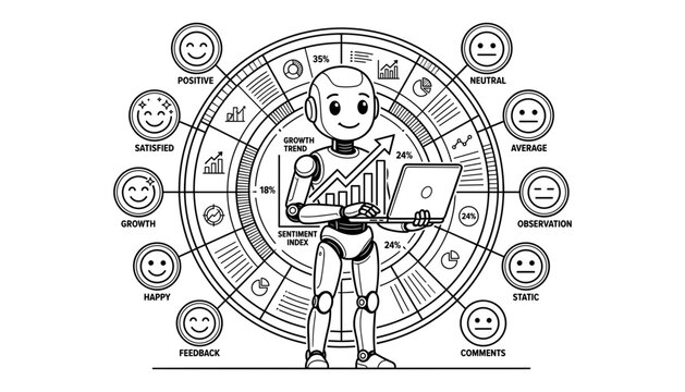 Smart robot holding laptop analyzing market sentiment index dashboard with growth trend charts and user feedback emojis