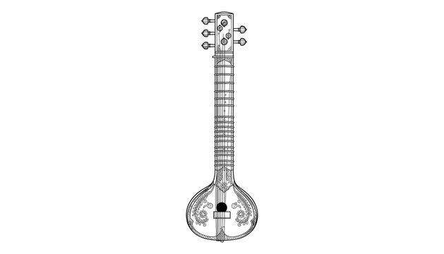 Traditional Indian sitar string musical instrument sketch vector illustration for classical music concert and cultural festival branding
