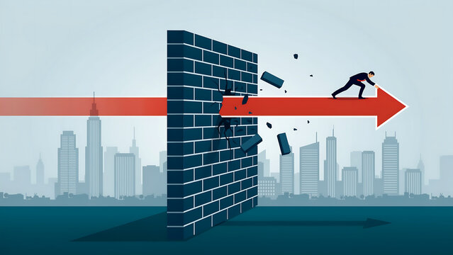 Man pushing arrow through brick wall with city backdrop illustration, vector art