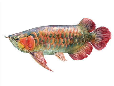 Watercolor Painting Of An Asian Arowana Fish With Vibrant Red And Green Scales Isolated On White