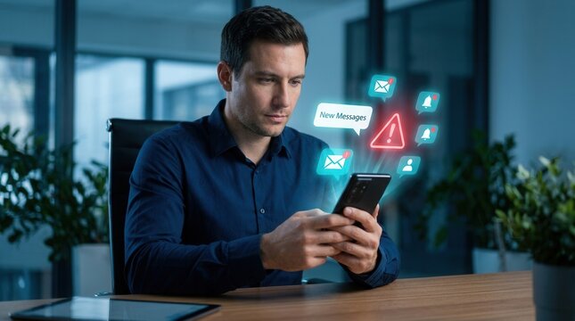 Smartphone displaying a mobile security alert interface for new messages and privacy threats.