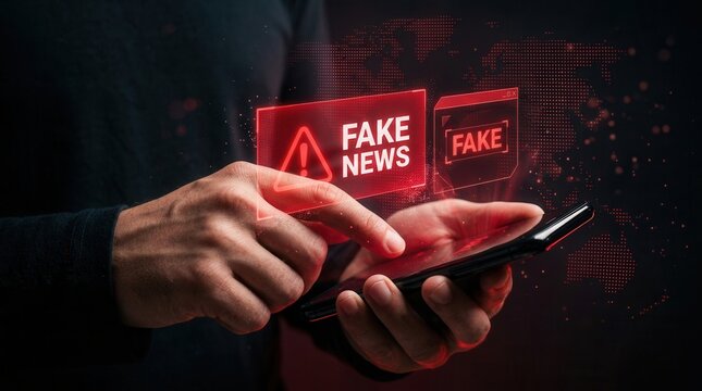 Smartphone displaying fake news warnings and red misinformation holograms.